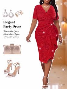 Fleurora Red Elegant Sommar Satin Party Dress For Women,Plus Size Deep V Neck Rhinestone Ruffle Slim Fit Formal Prom Wedding Reception Valentine's Day Dress - Red - View 1