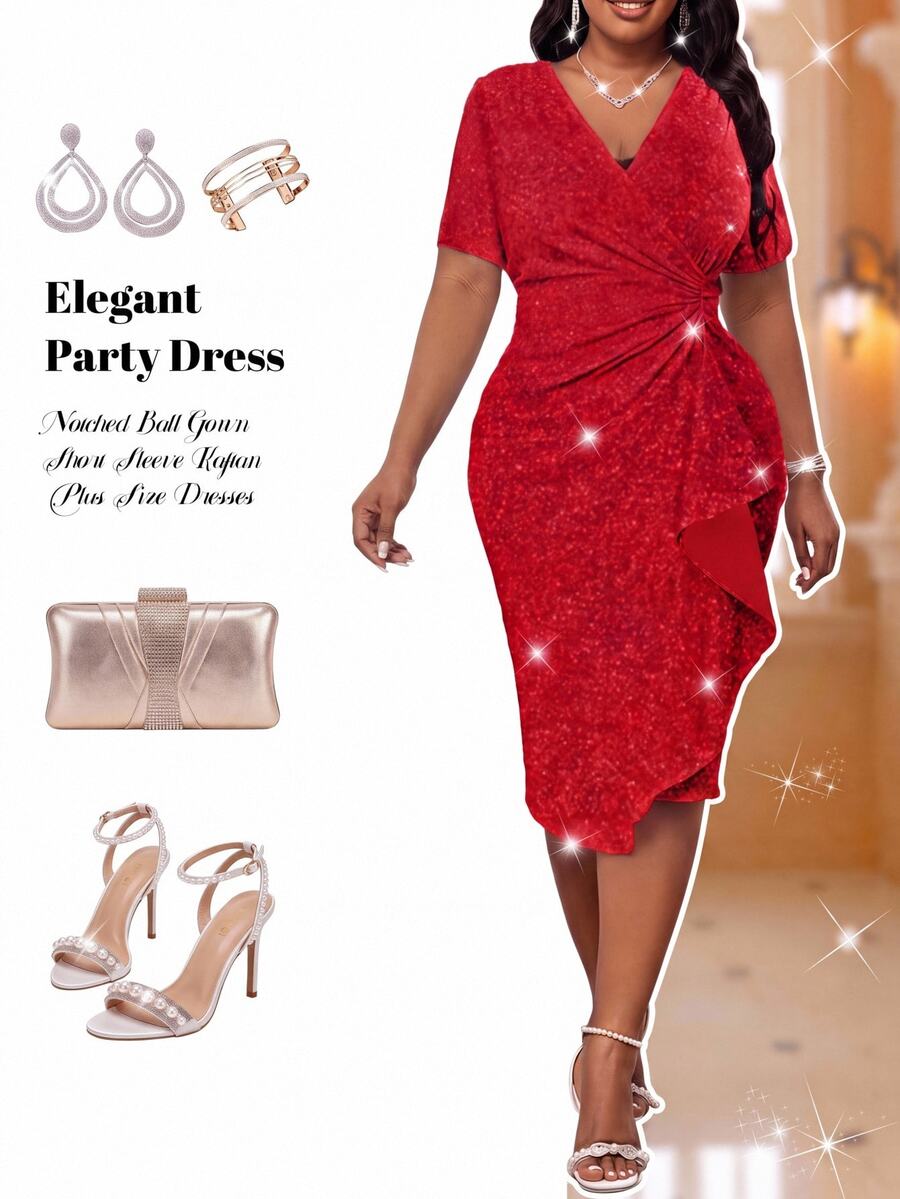 Fleurora Red Elegant Sommar Satin Party Dress For Women,Plus Size Deep V Neck Rhinestone Ruffle Slim Fit Formal Prom Wedding Reception Valentine's Day Dress - Red - View 1