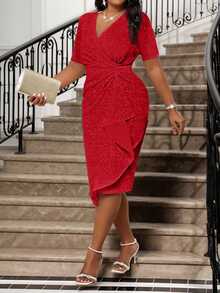 Fleurora Red Elegant Sommar Satin Party Dress For Women,Plus Size Deep V Neck Rhinestone Ruffle Slim Fit Formal Prom Wedding Reception Valentine's Day Dress - Red - View 3