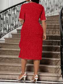 Fleurora Red Elegant Sommar Satin Party Dress For Women,Plus Size Deep V Neck Rhinestone Ruffle Slim Fit Formal Prom Wedding Reception Valentine's Day Dress - Red - View 2