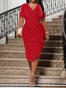 Fleurora Red Elegant Sommar Satin Party Dress For Women,Plus Size Deep V Neck Rhinestone Ruffle Slim Fit Formal Prom Wedding Reception Valentine's Day Dress - Red - View 5
