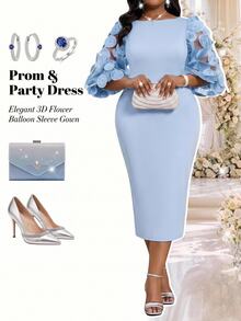 Fleurora Plus Size Elegant Party Applique Decorated Fitted Dress Fall - Baby Blue - View 1