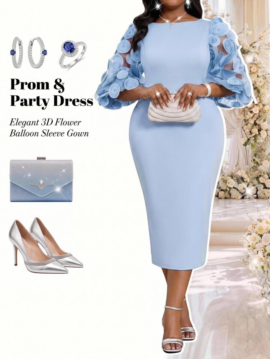 Fleurora Plus Size Elegant Party Applique Decorated Fitted Dress Fall - Baby Blue - View 1