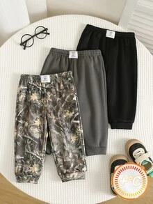 SHEIN 男嬰裝飾編織標籤鬆緊腰長褲 3 件套，百搭舒適 - 彩色 - 查看 4
