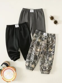 SHEIN 男嬰裝飾編織標籤鬆緊腰長褲 3 件套，百搭舒適 - 彩色 - 查看 3