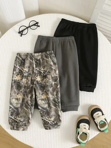 SHEIN 男嬰裝飾編織標籤鬆緊腰長褲 3 件套，百搭舒適 - 彩色 - 查看 2