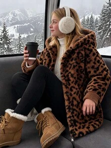 SHEIN TweenGirls 豹紋厚實毛絨連帽外套 秋冬休閒毛絨連帽外套 5-15°C 穿著，抓絨，長袖 - 棕色 - 查看 1