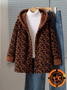 SHEIN TweenGirls 豹紋厚實毛絨連帽外套 秋冬休閒毛絨連帽外套 5-15°C 穿著，抓絨，長袖 - 棕色 - 查看 4