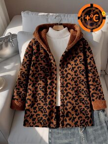 SHEIN TweenGirls 豹紋厚實毛絨連帽外套 秋冬休閒毛絨連帽外套 5-15°C 穿著，抓絨，長袖 - 棕色 - 查看 9