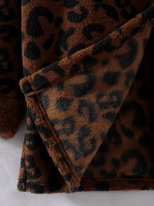 SHEIN TweenGirls 豹紋厚實毛絨連帽外套 秋冬休閒毛絨連帽外套 5-15°C 穿著，抓絨，長袖 - 棕色 - 查看 7