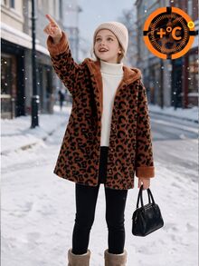 SHEIN TweenGirls 豹紋厚實毛絨連帽外套 秋冬休閒毛絨連帽外套 5-15°C 穿著，抓絨，長袖 - 棕色 - 查看 5