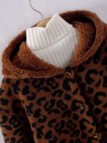 SHEIN TweenGirls 豹紋厚實毛絨連帽外套 秋冬休閒毛絨連帽外套 5-15°C 穿著，抓絨，長袖 - 棕色 - 查看 6
