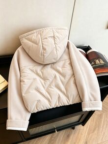 SHEIN 青少年女孩休閒米色拼接絎縫抓絨外套，連帽長袖寬鬆厚內裡冬季外套，秋季衣物 - 杏色 - 查看 2