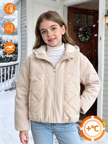 SHEIN 青少年女孩休閒米色拼接絎縫抓絨外套，連帽長袖寬鬆厚內裡冬季外套，秋季衣物 - 杏色 - 查看 4