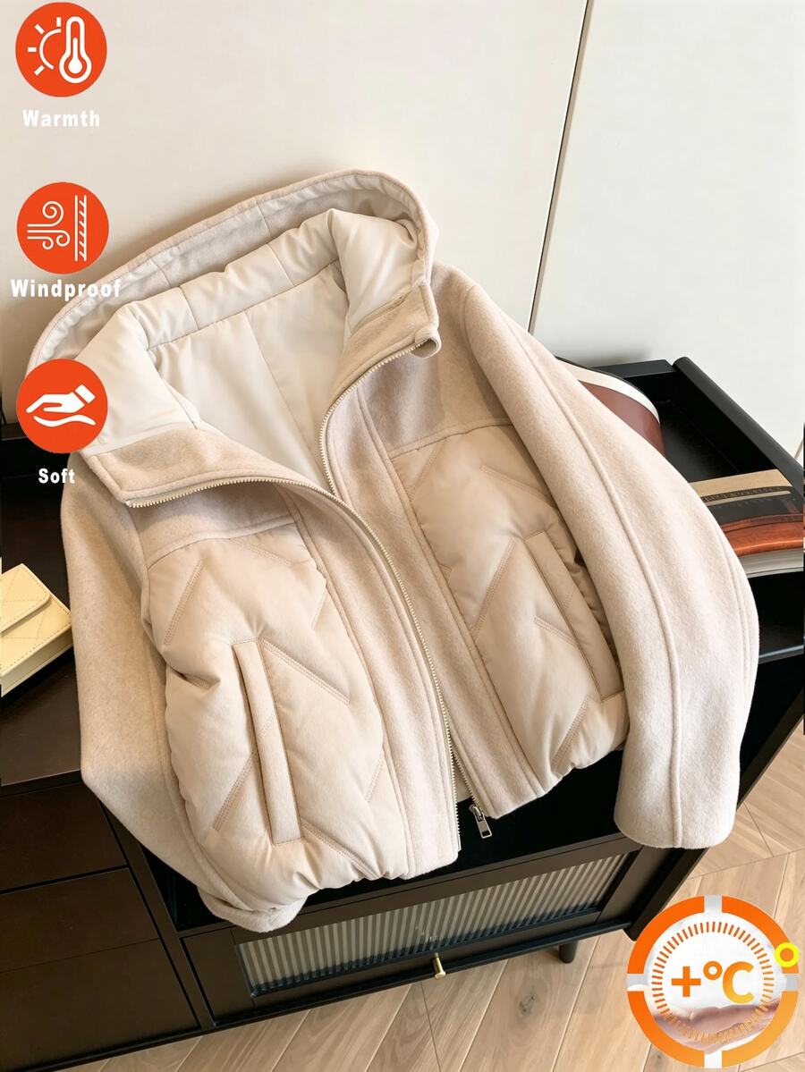 SHEIN 青少年女孩休閒米色拼接絎縫抓絨外套,連帽長袖寬鬆厚內裡冬季外套,秋季衣物 - 杏色 - 查看 1