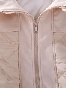 SHEIN 青少年女孩休閒米色拼接絎縫抓絨外套，連帽長袖寬鬆厚內裡冬季外套，秋季衣物 - 杏色 - 查看 6
