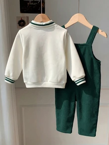 女嬰秋季休閒冬季運動衫與熊刺繡吊帶褲套裝 - 墨綠色 - 查看 2