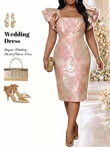 Fleurora Plus Size Elegant Jacquard Ruffle Trim Square Neck Dress, Summer - Dusty Pink - View 1