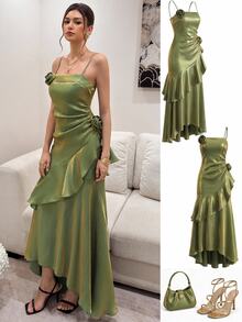 EastFlair 3D Floral Decor Spaghetti Strap Sophisticated Women's Olive Green Formal Dress With Spaghetti Straps Ruffle Accent And Flowing Midi Length For Parties - Olive Green - View 1