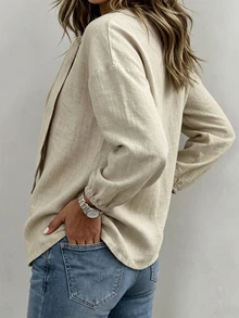 Linhara CURVE 2026 New Plus Size Casual Long Sleeve Twist Collar Everyday Versatile Faux Linen Shirt Fall - Khaki - View 2