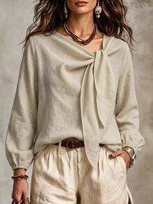 Linhara CURVE 2026 New Plus Size Casual Long Sleeve Twist Collar Everyday Versatile Faux Linen Shirt Fall - Khaki - View 7