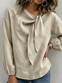 Linhara CURVE 2026 New Plus Size Casual Long Sleeve Twist Collar Everyday Versatile Faux Linen Shirt Fall - Khaki - View 3