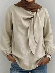 Linhara CURVE 2026 New Plus Size Casual Long Sleeve Twist Collar Everyday Versatile Faux Linen Shirt Fall - Khaki - View 6