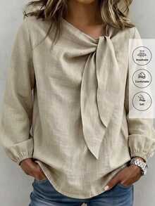 Linhara CURVE 2026 New Plus Size Casual Long Sleeve Twist Collar Everyday Versatile Faux Linen Shirt Fall - Khaki - View 1