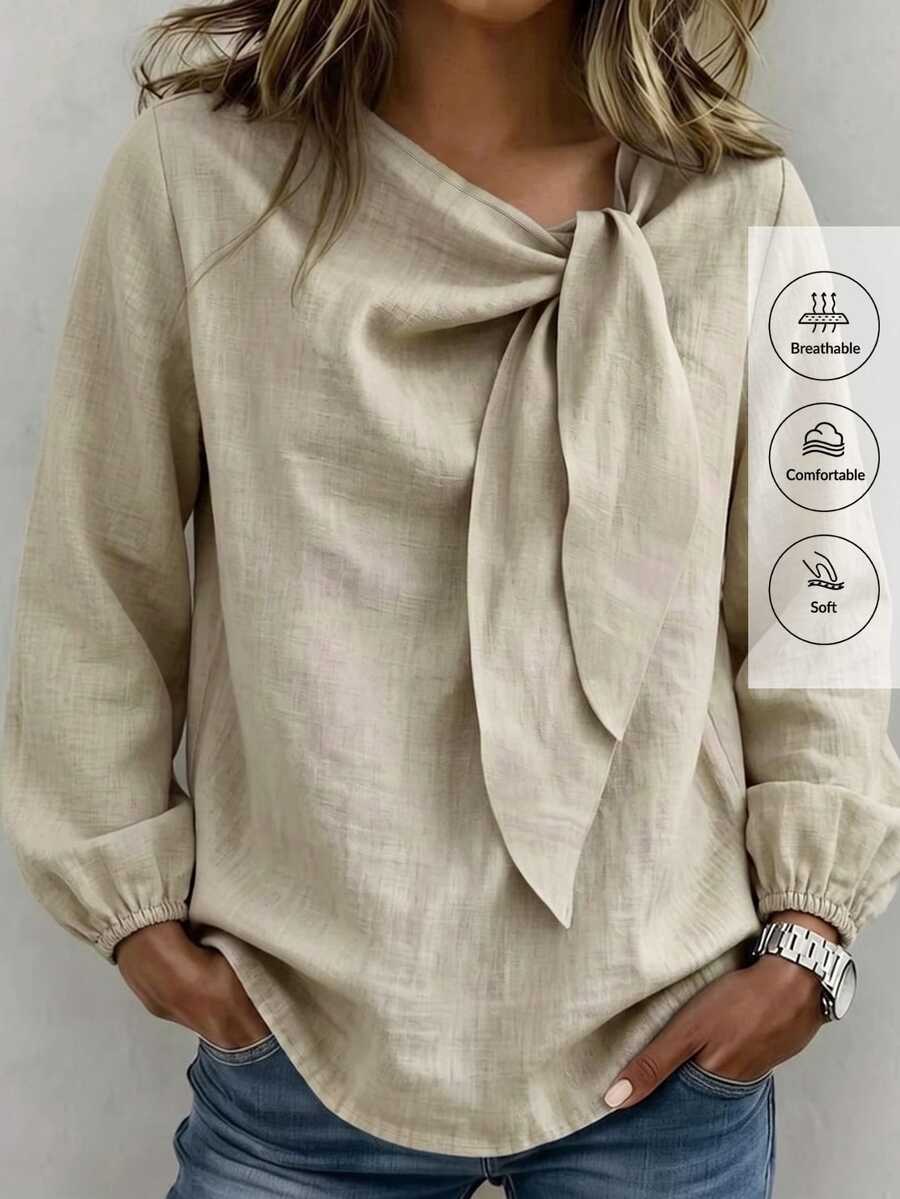 Linhara CURVE 2026 New Plus Size Casual Long Sleeve Twist Collar Everyday Versatile Faux Linen Shirt Fall - Khaki - View 1