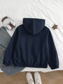 SHEIN Tween Girl) Vacation Casual Versatile Double-Layer Hooded Zip-Up Loose Jacket, Hood Lining With Colorblock Design, Very Elegant When Worn - Blue - View 2