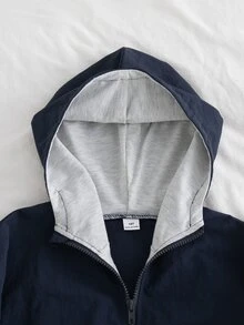 SHEIN Tween Girl) Vacation Casual Versatile Double-Layer Hooded Zip-Up Loose Jacket, Hood Lining With Colorblock Design, Very Elegant When Worn - Blue - View 3