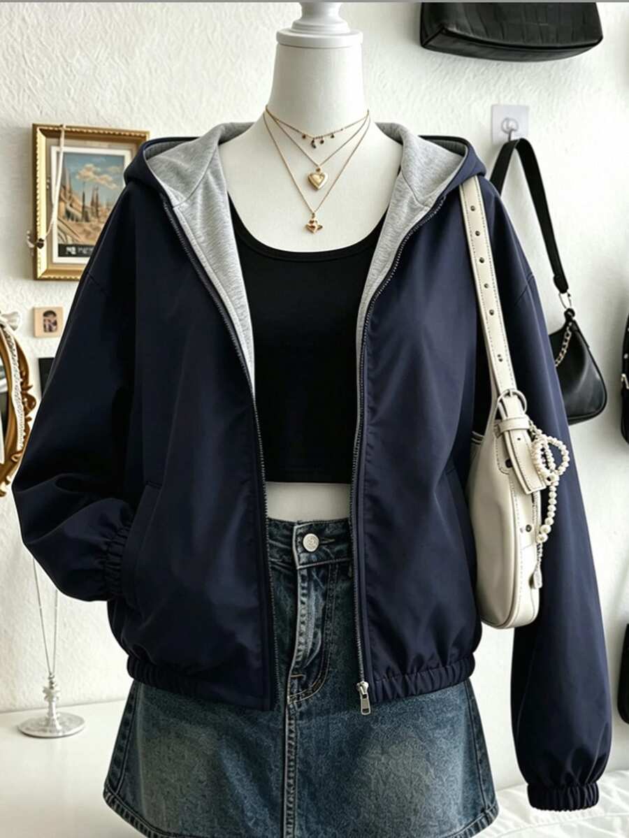 SHEIN Tween Girl) Vacation Casual Versatile Double-Layer Hooded Zip-Up Loose Jacket, Hood Lining With Colorblock Design, Very Elegant When Worn - Blue - View 1