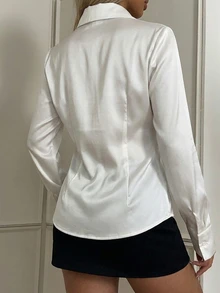 SHEIN EZwear 女款純色休閒百搭日常長袖襯衫 - 白色 - 查看 2
