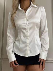 SHEIN EZwear 女款純色休閒百搭日常長袖襯衫 - 白色 - 查看 6