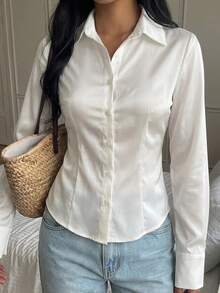 SHEIN EZwear 女款純色休閒百搭日常長袖襯衫 - 白色 - 查看 4