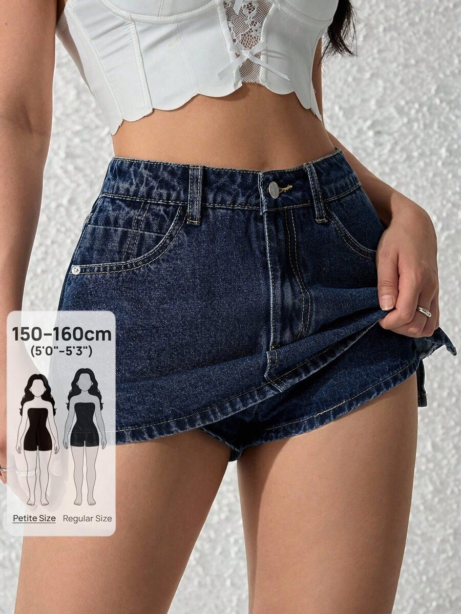 SHEIN PETITE 女款純色口袋休閒百搭牛仔短褲,適合嬌小女性 - 深色水洗藍 - 查看 1
