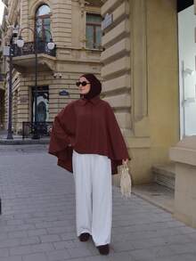 Selianne Jaket Pendek Longgar Asimetris Gaya Timur Tengah, Lengan Kelelawar, Kasual, Warna Polos, Jaket Muslim Shacket - Coklat - View 6