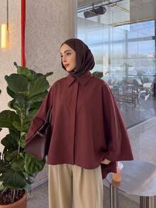 Selianne Jaket Pendek Longgar Asimetris Gaya Timur Tengah, Lengan Kelelawar, Kasual, Warna Polos, Jaket Muslim Shacket - Coklat - View 7