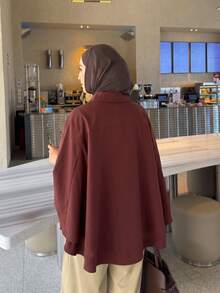 Selianne Jaket Pendek Longgar Asimetris Gaya Timur Tengah, Lengan Kelelawar, Kasual, Warna Polos, Jaket Muslim Shacket - Coklat - View 2