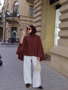 Selianne Jaket Pendek Longgar Asimetris Gaya Timur Tengah, Lengan Kelelawar, Kasual, Warna Polos, Jaket Muslim Shacket - Coklat - View 8