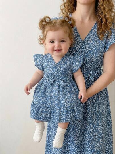 Cozy Pixies Babygirl Summer Cute Blue Ditsy Floral Short Sleeve Dress Mommy And Me Matching Outfits
