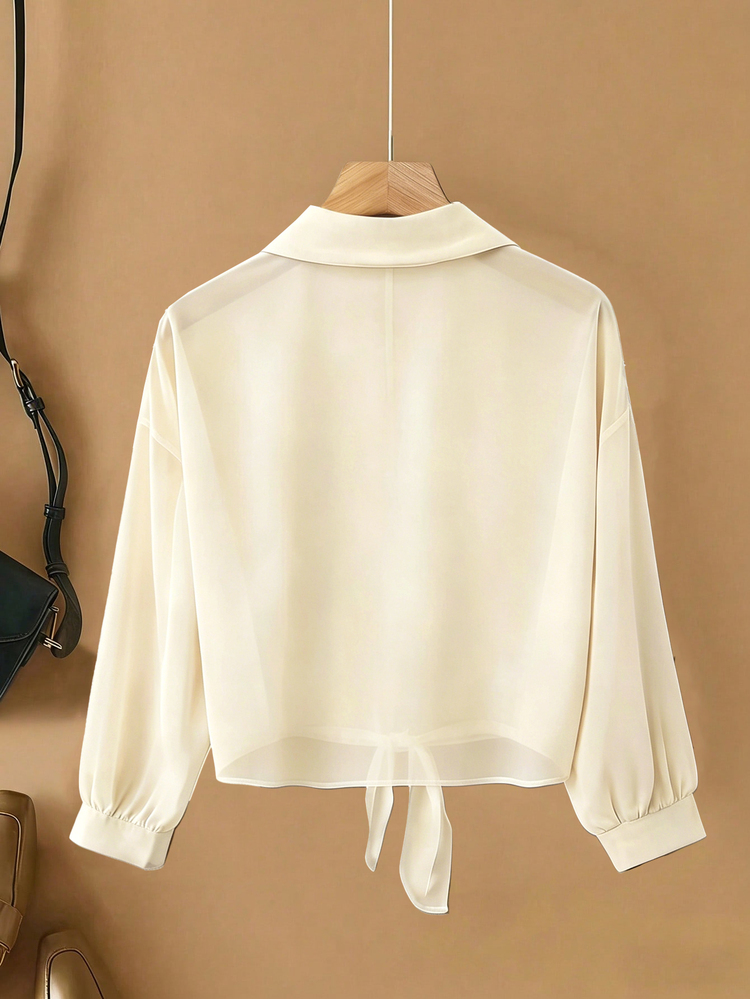 Franclia French Elegant Tropical European Woven Lapel Long Sleeve Tie-Front Autumn New Peach Women's Shirt Beach Vacation - Apricot - View 3