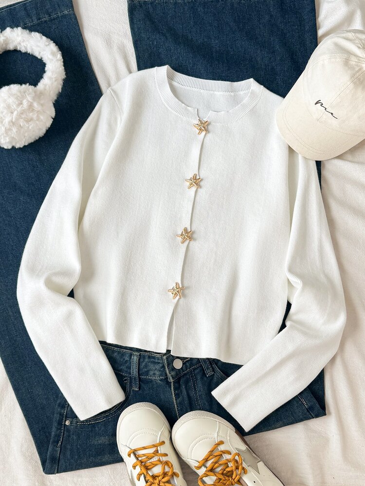 SHEIN Teen Girls Cardigans Autumn/Winter New Casual Minimalist White Knit Starfish Metal Button Contrast Color Open Front Sweater - White - View 3