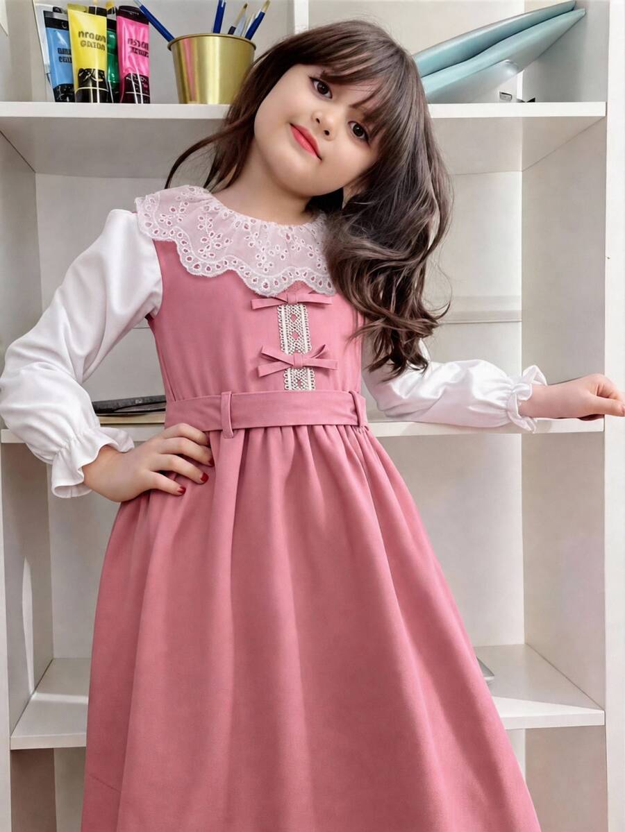 SHEIN 女童編織撞色彼得潘領休閒洋裝 - 彩色 - 查看 1