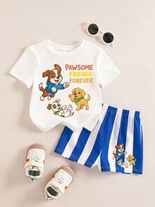 Baby Boy Casual Cute Modest Minimalist Cartoon Pattern T-Shirt Set Suitable For Summer Halloween Fall School Holiday Vacation Christmas White Blue - Multicolor - View 5