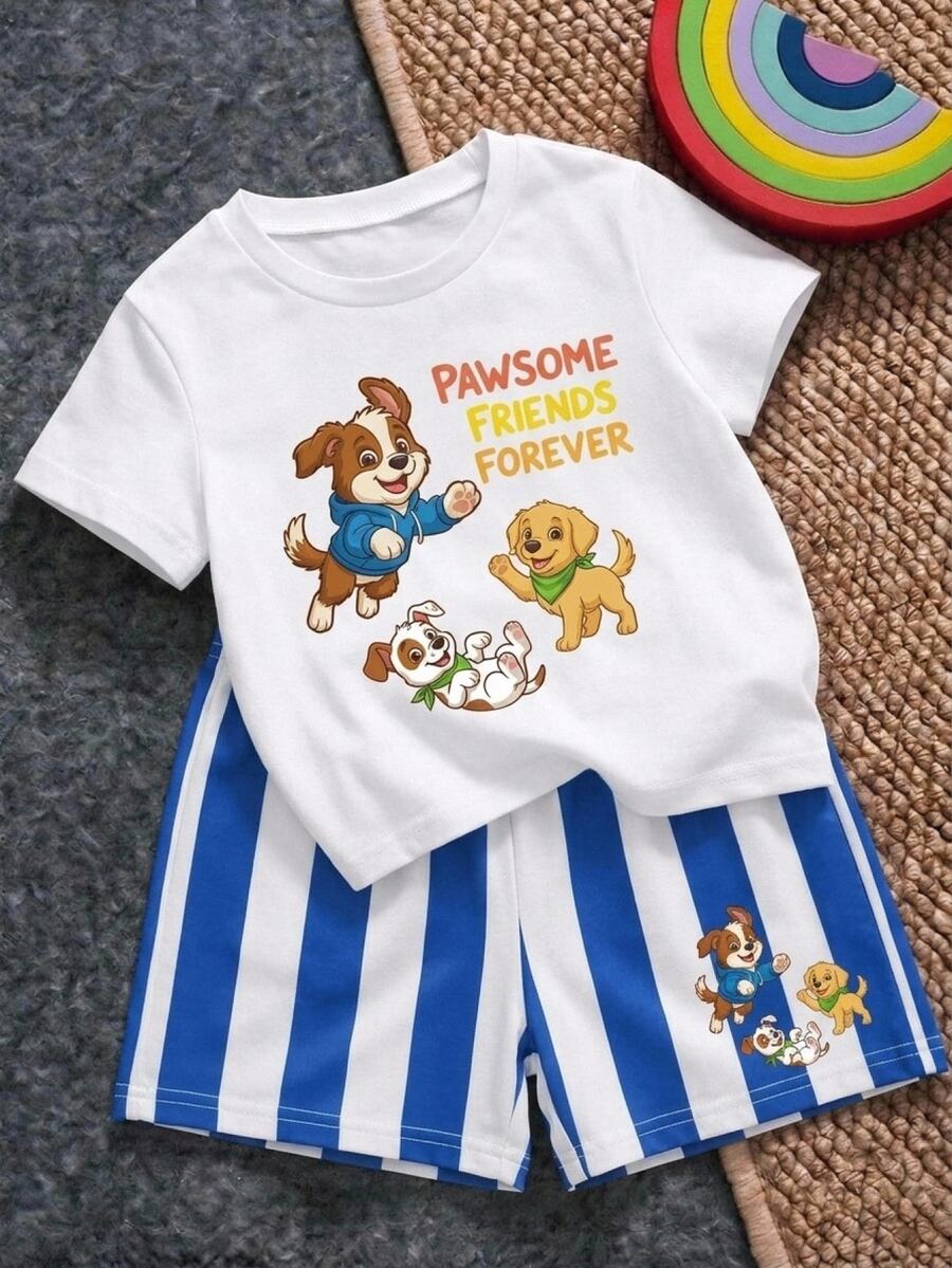 Baby Boy Casual Cute Modest Minimalist Cartoon Pattern T-Shirt Set Suitable For Summer Halloween Fall School Holiday Vacation Christmas White Blue - Multicolor - View 1