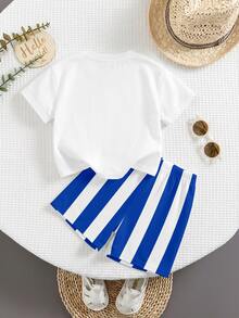 Baby Boy Casual Cute Modest Minimalist Cartoon Pattern T-Shirt Set Suitable For Summer Halloween Fall School Holiday Vacation Christmas White Blue - Multicolor - View 2
