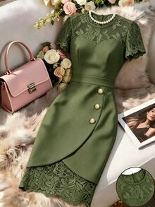 Selianne 春夏新款優雅成熟修身對比蕾絲透視心形領收腰性感緊身迷你洋裝 橄欖綠鈕扣 女款 - 橄欖綠 - 查看 3