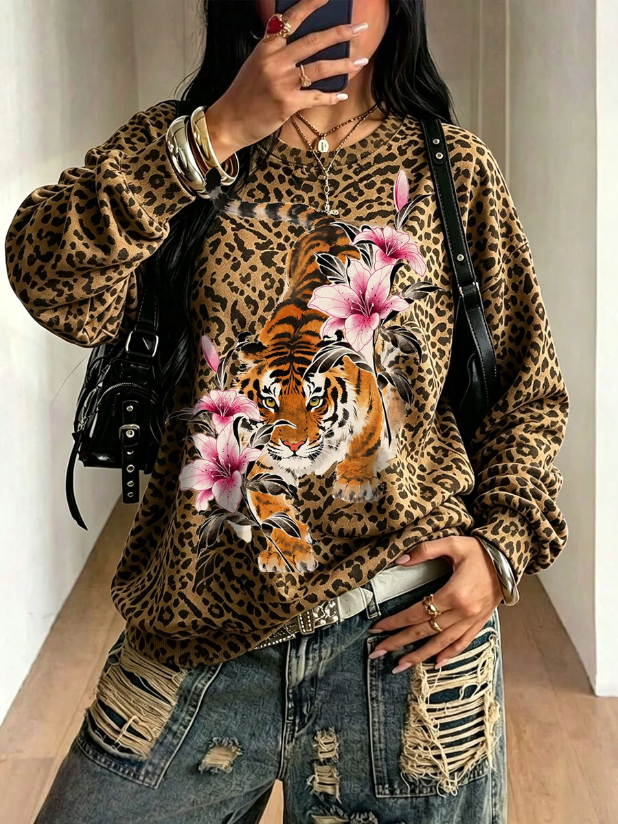 Lalippa 女款花卉豹紋落肩長袖運動衫,度假風街頭穿搭 - 黑色 - 查看 1