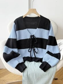 SHEIN 青少年女孩開襟針織開襟衫 秋冬新款 藍色條紋蝴蝶結裝飾 V領 - 藍色 - 查看 3